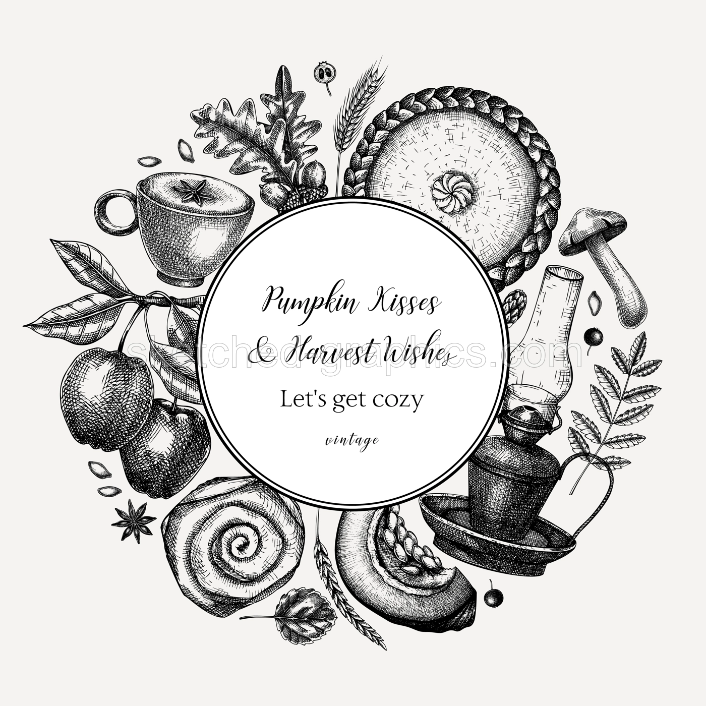 Autumn wreath design template. Hand-drawn vector illustration. Pumpkin, hot drink, fruit, pie, pastry, fall leaves sketches. Vintage fall card or invitation. Thanksgiving background Illustration